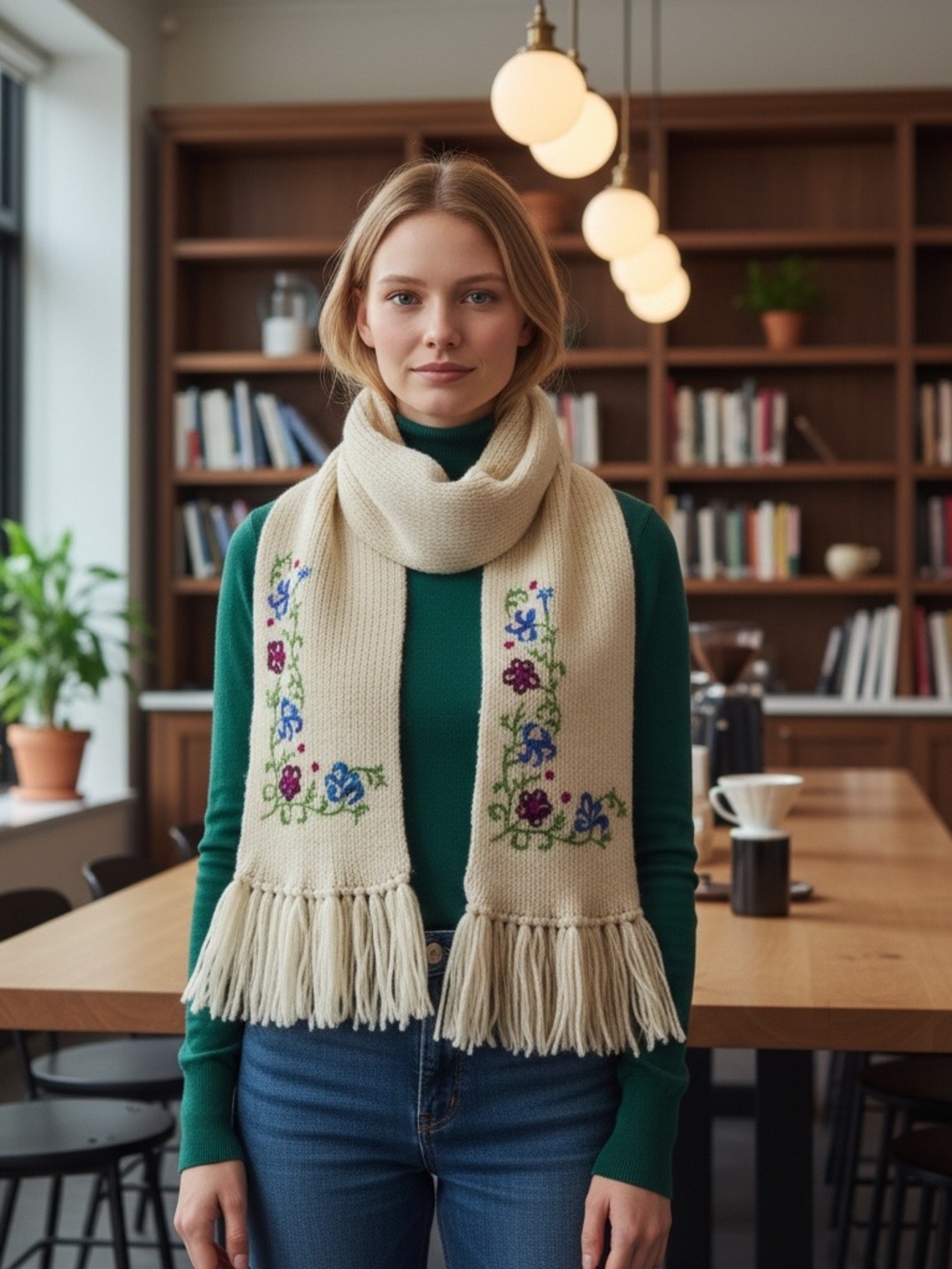 Cream Knit Scarf with Beautiful Floral Embroidery Fringe